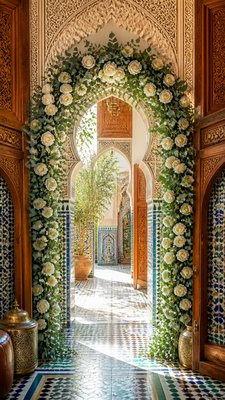 an arch of white roses and eucalyptus in soft morning light, elegant vertical composition with open space, no text