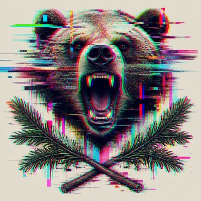 a roaring bear head above crossed pine branches, bold graphic composition on a plain background, no text