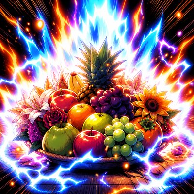 still life arrangement of fruits and flowers