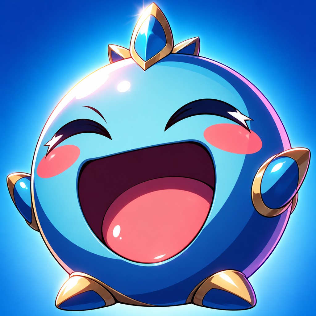 an exaggerated laughing face of an original round mascot character, bold and readable at small size, plain background, no text