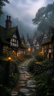 a mysterious forest path with fireflies and drifting mist, atmospheric vertical composition with open space at the top, no text
