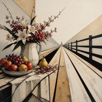 still life arrangement of fruits and flowers