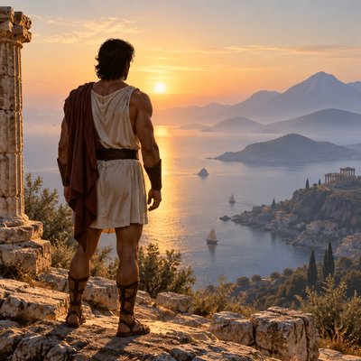 back side view of greek athlete standing watching the sunrise by the sea