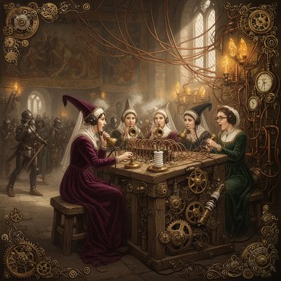 Steampunk Historical Fantasy, Satirical Illustration Style, Cinematic Lighting. A bizarre, anachronistic scene inside a drafty medieval castle great hall (Camelot). A group of noblewomen, dressed in elaborate 6th-century velvet gowns, wimples, and tall pointed hennin hats with veils, are seated on rough wooden stools. They are furiously working a massive, makeshift telephone switchboard operator station.

The Technology: The switchboard is constructed from rough-hewn oak timbers, gleaming brass gears, porcelain insulators, and hundreds of thick, chaotic copper wires that are strung haphazardly across ancient tapestries and stone walls, disappearing out narrow arrow-slit windows.

The Action: The ladies hold bulky, antique Victorian-era earpieces and large brass mouthpieces, plugging heavy cables with oversized jacks into the board with expressions of intense concentration and mild confusion. Knights in armor walk past in the background, looking bewildered. Sunlight streams through gothic windows, illuminating the dust and the clash of eras.