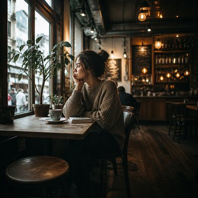 cozy cafe interior with warm lighting