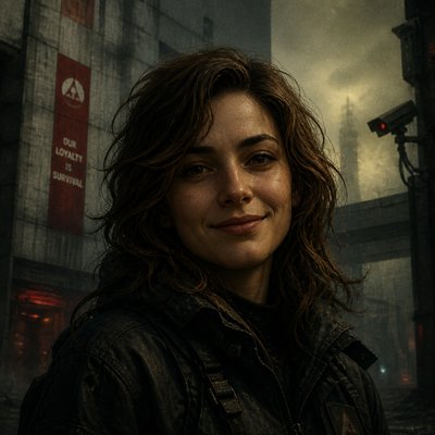 head-and-shoulders portrait of an original character: a young woman with wavy chestnut hair and a warm smile, plain soft backdrop