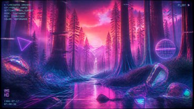 a panoramic redwood forest with light rays through mist, no people