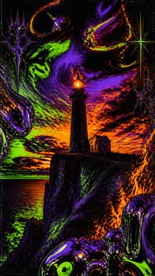a lone lighthouse on a cliff at dusk under a dramatic sky, no text or lettering