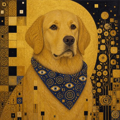 portrait of a golden retriever wearing a blue bandana, warm plain backdrop, no text