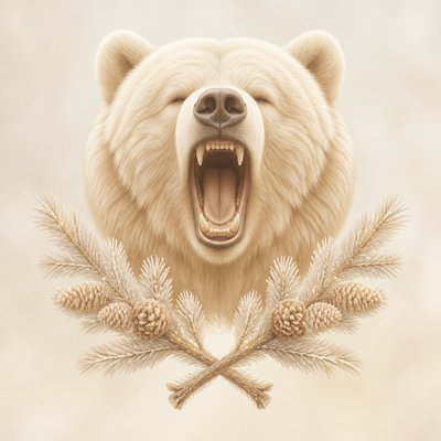 a roaring bear head above crossed pine branches, bold graphic composition on a plain background, no text