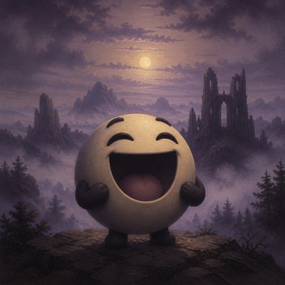 an exaggerated laughing face of an original round mascot character, bold and readable at small size, plain background, no text