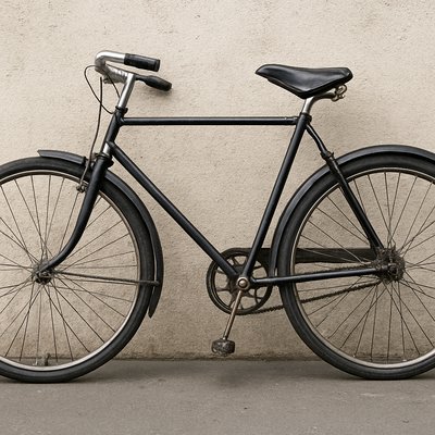 bicyle resting against a wall