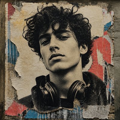 head-and-shoulders portrait of an original character: a young man with curly dark hair and headphones around his neck, plain backdrop, no text