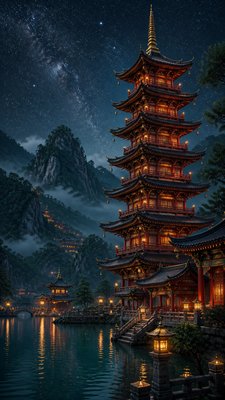 a tranquil mountain lake beneath a starry night sky, no people, no text