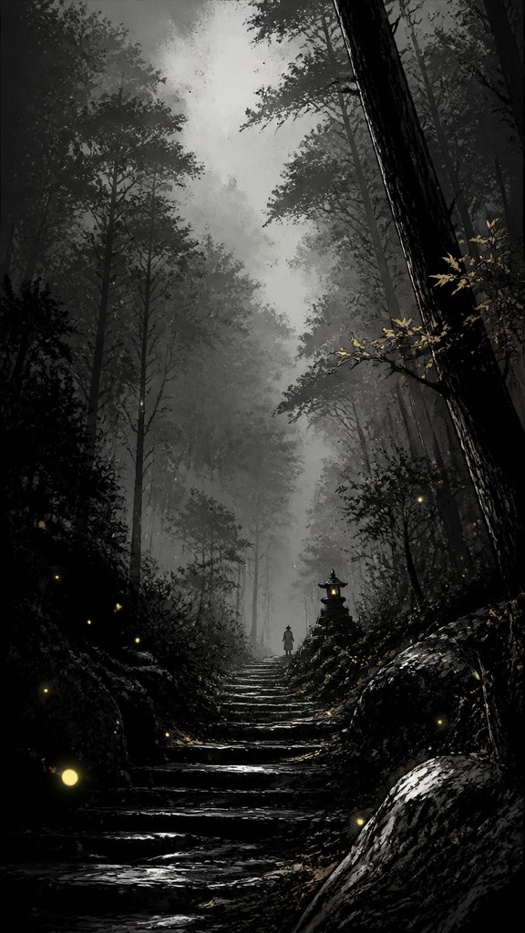 a mysterious forest path with fireflies and drifting mist, atmospheric vertical composition with open space at the top, no text