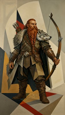 full-body original character: a dwarven ranger with a braided auburn beard, worn leather armor, a longbow and a wolf-pelt cloak, neutral background, no text