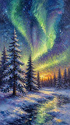 a snowy pine forest under the northern lights, no people