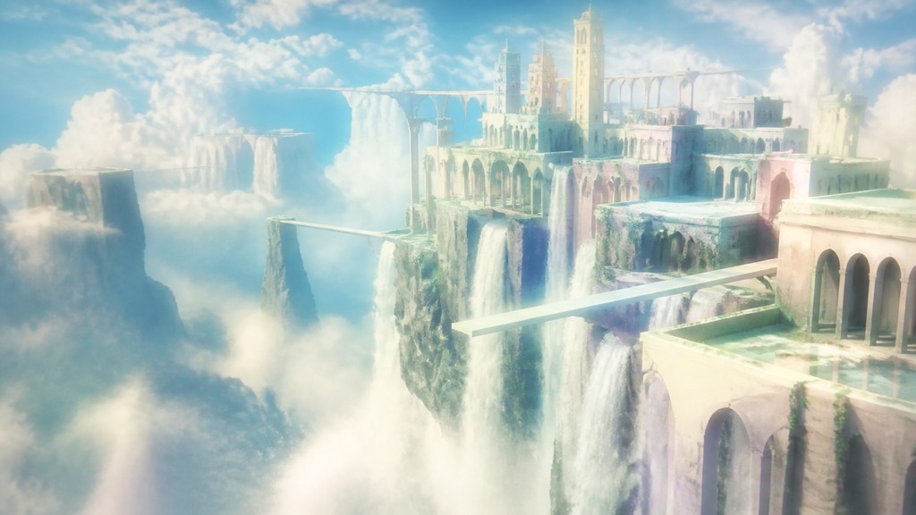 a cliffside city with waterfalls cascading into a misty canyon, wide establishing shot, no people, no text
