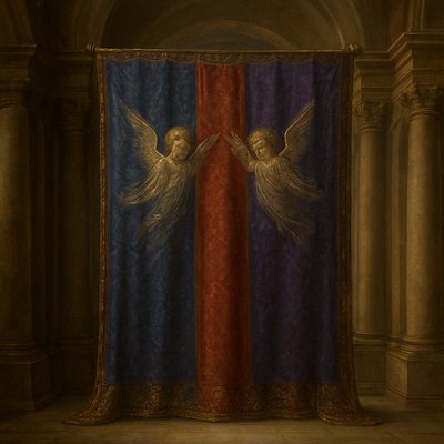 Renaissance Painting Art Style, a magnificent and awe-inspiring Veil of the Tabernacle from Exodus 26:31, hanging grandly in a sacred space. The veil is exquisitely woven from deep blue, regal purple, and vivid scarlet yarn, intertwined with finely twisted pure white linen. Intricately and skillfully woven into the fabric are detailed, majestic cherubim with outstretched wings, their forms appearing almost alive within the threads. The entire veil shimmers with a subtle, divine luminosity, catching soft, ethereal light that emphasizes its rich textures, elaborate patterns, and sacred purpose. Focus on the luxurious drape of the fabric, the vibrancy of the colors, and the dignified, ethereal presence of the cherubim.