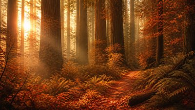a panoramic redwood forest with light rays through mist, no people