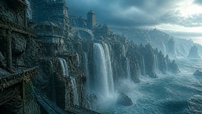 a cliffside city with waterfalls cascading into a misty canyon, wide establishing shot, no people, no text