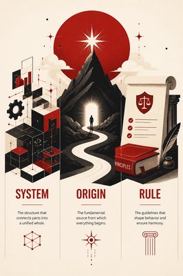 buat ilustrasi untuk menggambarkan "system/origin/rule" dengan ukuran 1500x2100 px dan color pallete yang berisi #9e1111 , #191919 , #faf5ed