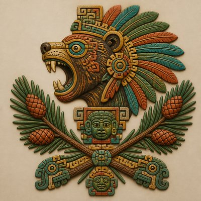 a roaring bear head above crossed pine branches, bold graphic composition on a plain background, no text