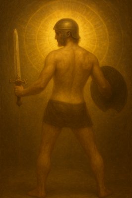 a painting of a man holding a sword and a shield