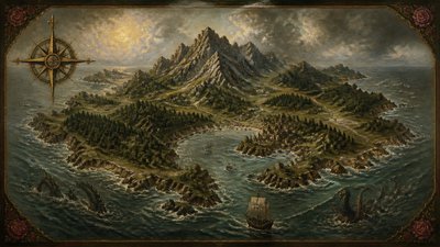 a map of an island realm with mountains, forests, a sheltered bay, sea monsters in the water and a compass rose, no text labels