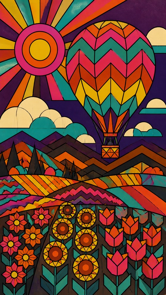 a hot air balloon drifting over rolling flower fields on a sunny day, cheerful, no text