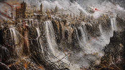a cliffside city with waterfalls cascading into a misty canyon, wide establishing shot, no people, no text