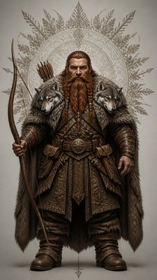 full-body original character: a dwarven ranger with a braided auburn beard, worn leather armor, a longbow and a wolf-pelt cloak, neutral background, no text