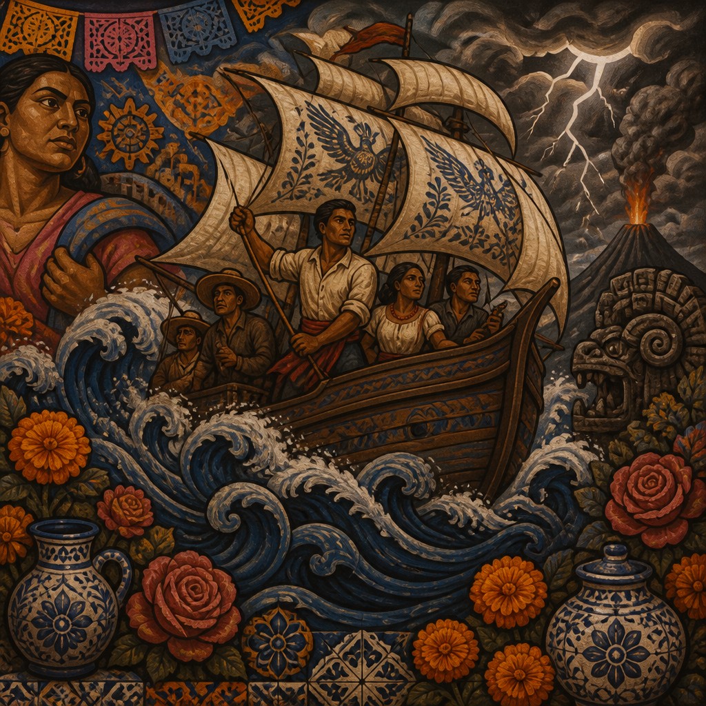 sailing ship on a stormy sea — Mexican Art Style