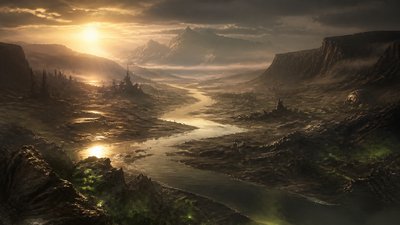 a vast valley with a river winding toward distant mountains at sunrise, no people, no text