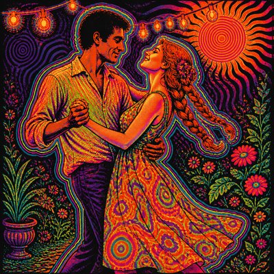 an original couple dancing under string lights in a garden at dusk: a man with short black hair in a linen shirt and a woman with braided red hair in a summer dress
