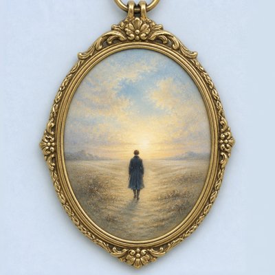 a solitary figure walking toward a glowing horizon across an empty plain, moody atmosphere, no text or lettering