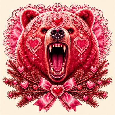 a roaring bear head above crossed pine branches, bold graphic composition on a plain background, no text