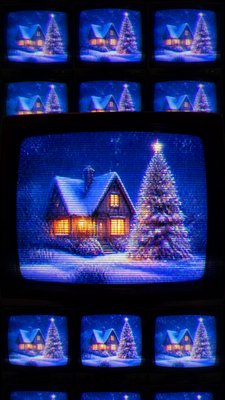 a snow-covered cottage with warm glowing windows beside a decorated pine tree, gentle snowfall, no text