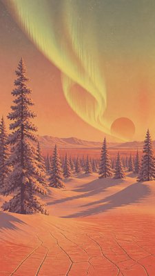 a snowy pine forest under the northern lights, no people