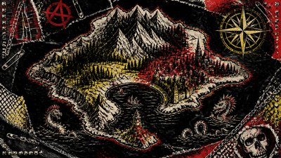 a map of an island realm with mountains, forests, a sheltered bay, sea monsters in the water and a compass rose, no text labels