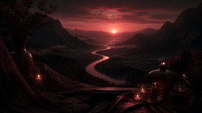 a vast valley with a river winding toward distant mountains at sunrise, no people, no text