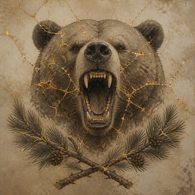 a roaring bear head above crossed pine branches, bold graphic composition on a plain background, no text