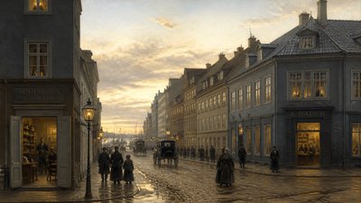 bustling city street panorama at dusk