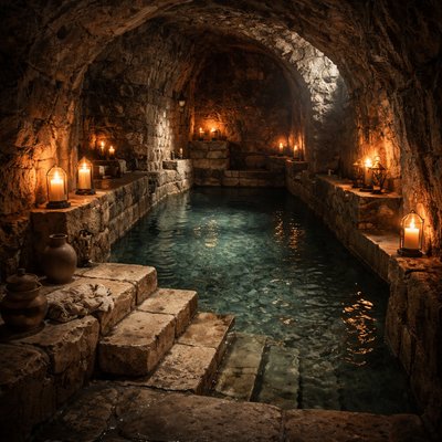 An ancient stone Mikveh located in an underground limestone cavern. Soft, warm candlelight flickering against damp, textured walls. Hand-carved stone steps leading down into crystal-clear natural spring water. Moody, cinematic lighting, historical realism, high detail, 8k, serene and sacred atmosphere.
