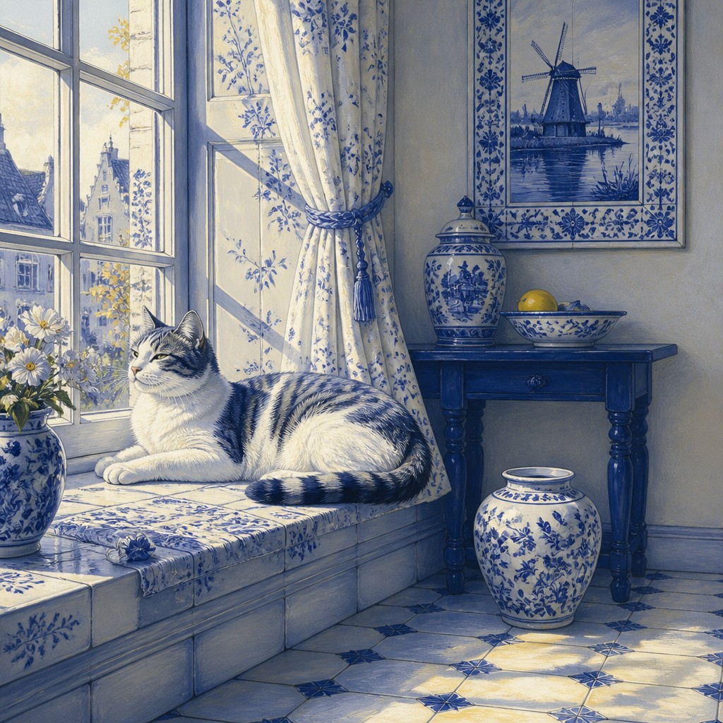 a cat lounging in a sunlit window — Delft Blue Art Style