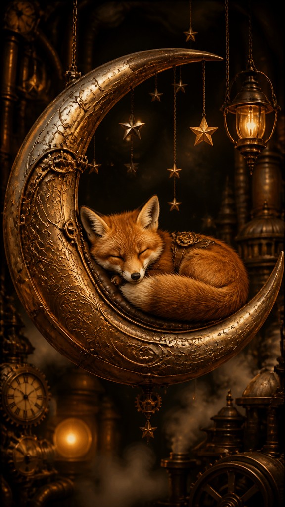 a sleeping baby fox curled on a crescent moon among soft stars, gentle and warm, no text