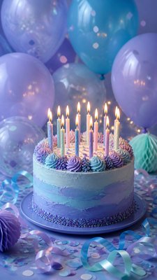 a birthday cake with lit candles surrounded by balloons and confetti, festive vertical composition, no text
