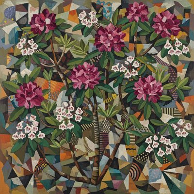 Art Style: Analytical Cubism, avant-garde oil painting style reminiscent of Picasso and Braque.

Subject: A dense, tangled thicket of Rhododendrons and Mountain Laurel bushes.

Composition & Details: The entire natural scene is deconstructed into overlapping geometric planes, fractured shards, and intersecting angles. There are no curved lines; everything is rendered in cubes, cones, and trapezoids.

    The Rhododendrons: Large, showy flower trusses are broken into faceted crystalline structures of deep magenta, rose pink, and violet blocks, looking like explosions of colored quartz rather than soft petals.

    The Mountain Laurels: The smaller, intricate flowers are rendered as complex, repeating geometric star-patterns and angular cups in white and pale pink with distinct red polygonal markings.

    Foliage & Branches: The thick, leathery leaves are fragmented green triangles and parallelograms overlapping each other, creating a sense of depth without traditional perspective. The woody stems and branches are jagged, intersecting brown and grey cylinders that shatter across the frame.

Color & Texture: A palette of muted earth tones—ochre, burnt umber, forest green, and slate grey—contrasted sharply with the jewel-toned facets of the flower colors. The finish should have a heavy, textured oil paint feel with visible palette knife marks and rough brushwork.