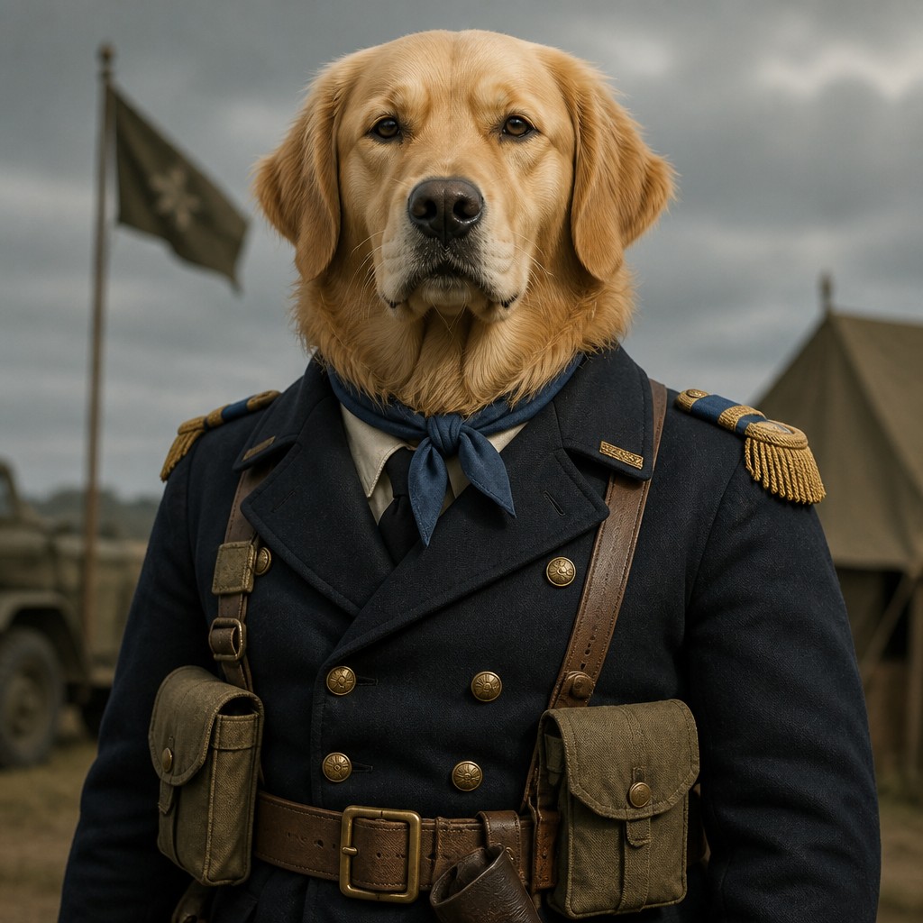 portrait of a golden retriever wearing a blue bandana, warm plain backdrop, no text