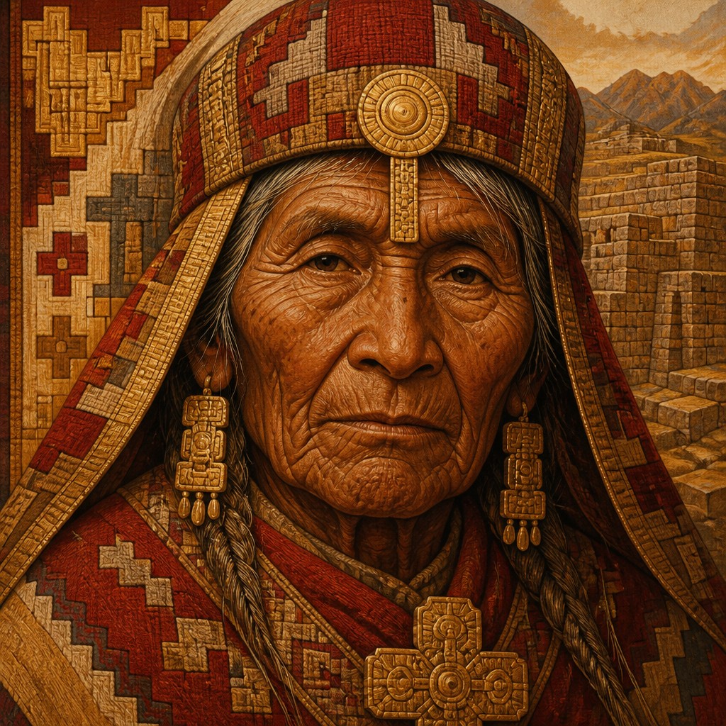 close-up portrait of an elderly person with expressive weathered features — Peruvian Art Style